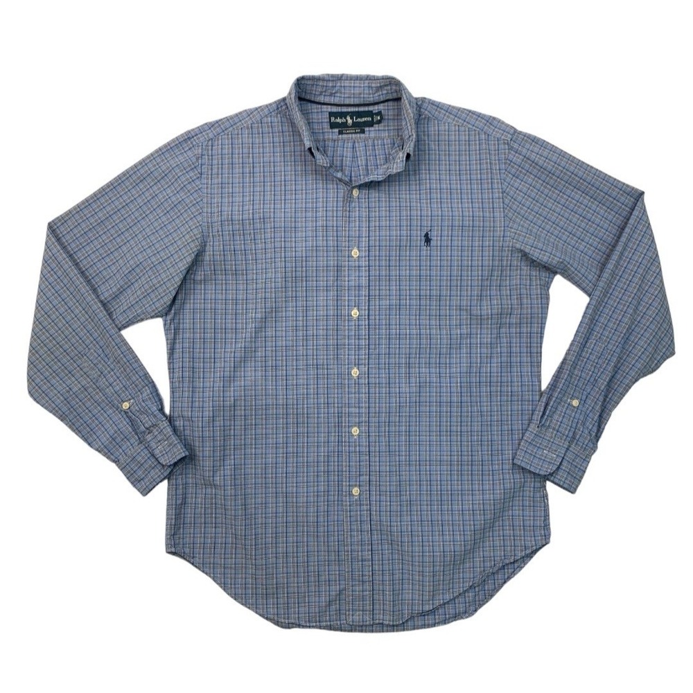 Ralph Lauren Shirt Mens XL Blue Jay Button Up Plaid Classic Fit Cotton Drop Cut